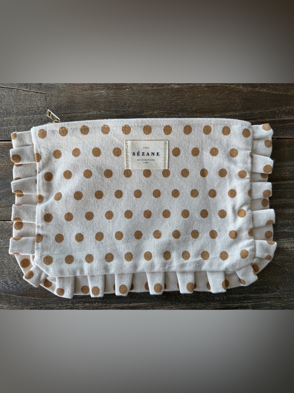 Sézane Polka Dot Ruffle Pouch in Cream and Tan